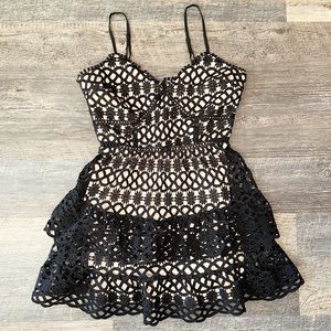 LULU'S black / nude Beauty and Lace crochet lace tiered mini dress S